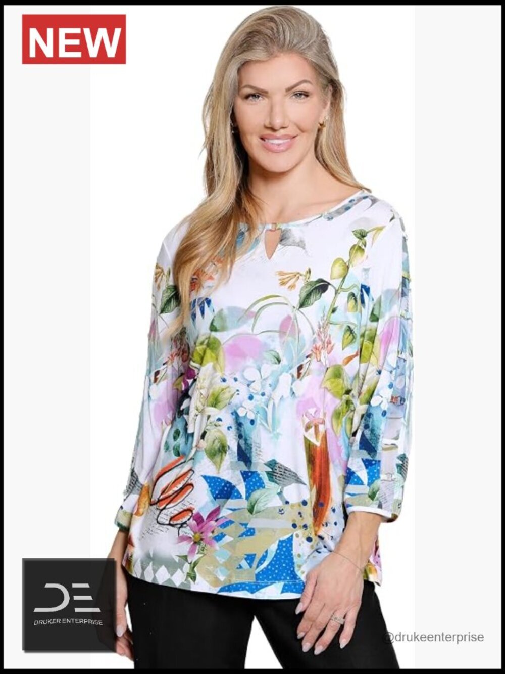 Knit Tunic Keyhole Neck 3/4 Sleeve Mesh Inset Ring Detail